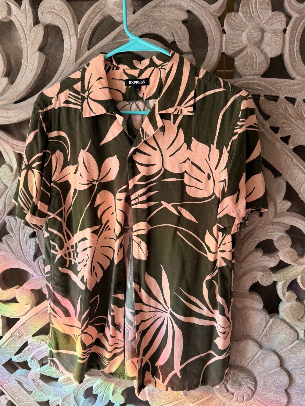 Express Olive Green Button-Down Shirt with Pink Tropical Print